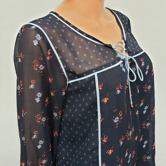 Abercrombie & Fitch Peasant Floral Top Sz S Navy Blue Long Sleeve Lace up Boho - Picture 5 of 13